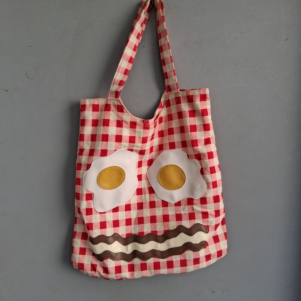 Red Gingham Breakfast Tote Bag Fried Egg Bacon Applique Canvas Cotton